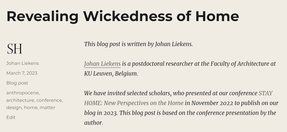 New post on our research blog about the home, the Anthropocene, and the wicked: "... wicked problems. Problems that are, as the home is, challenges with an irreducible complexity." Written by Jo Liekens  <a href="/KU_Leuven/">KU Leuven</a>, who presented at our conference in Nov.: stayhome.hypotheses.org/355