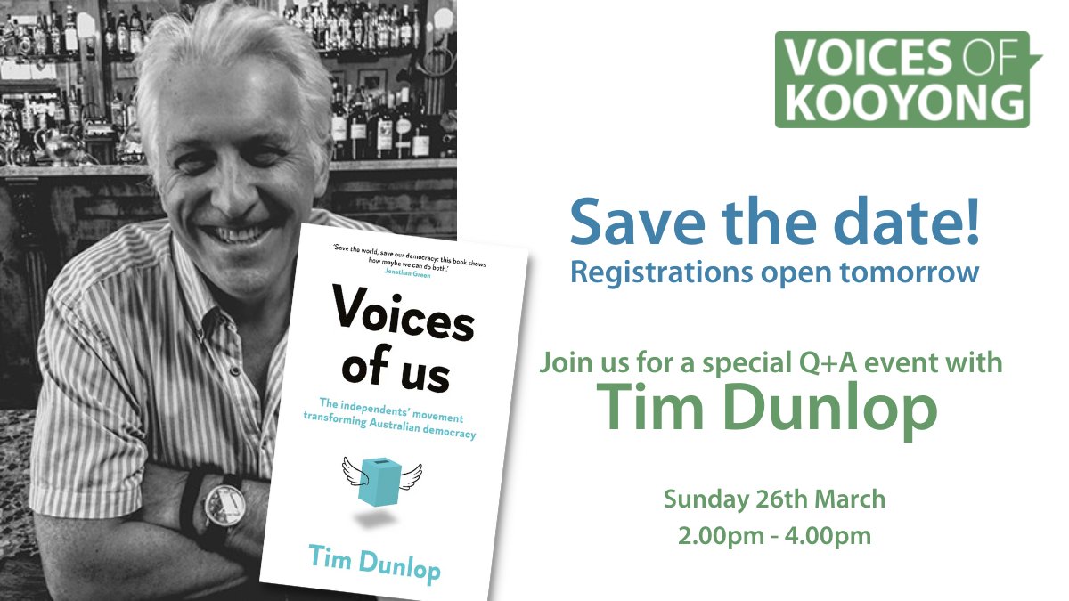 VoicesofKooyong's tweet photo. Voices of Kooyong will be holding a conversation with Tim Dunlop, author of 'Voices of us' on the 26th of March.
Tim's book tells the inspiring story of the transformation of Australian democracy.
Limited tickets available via our booking form released tomorrow! https://t.co/OgXGJI2Agy