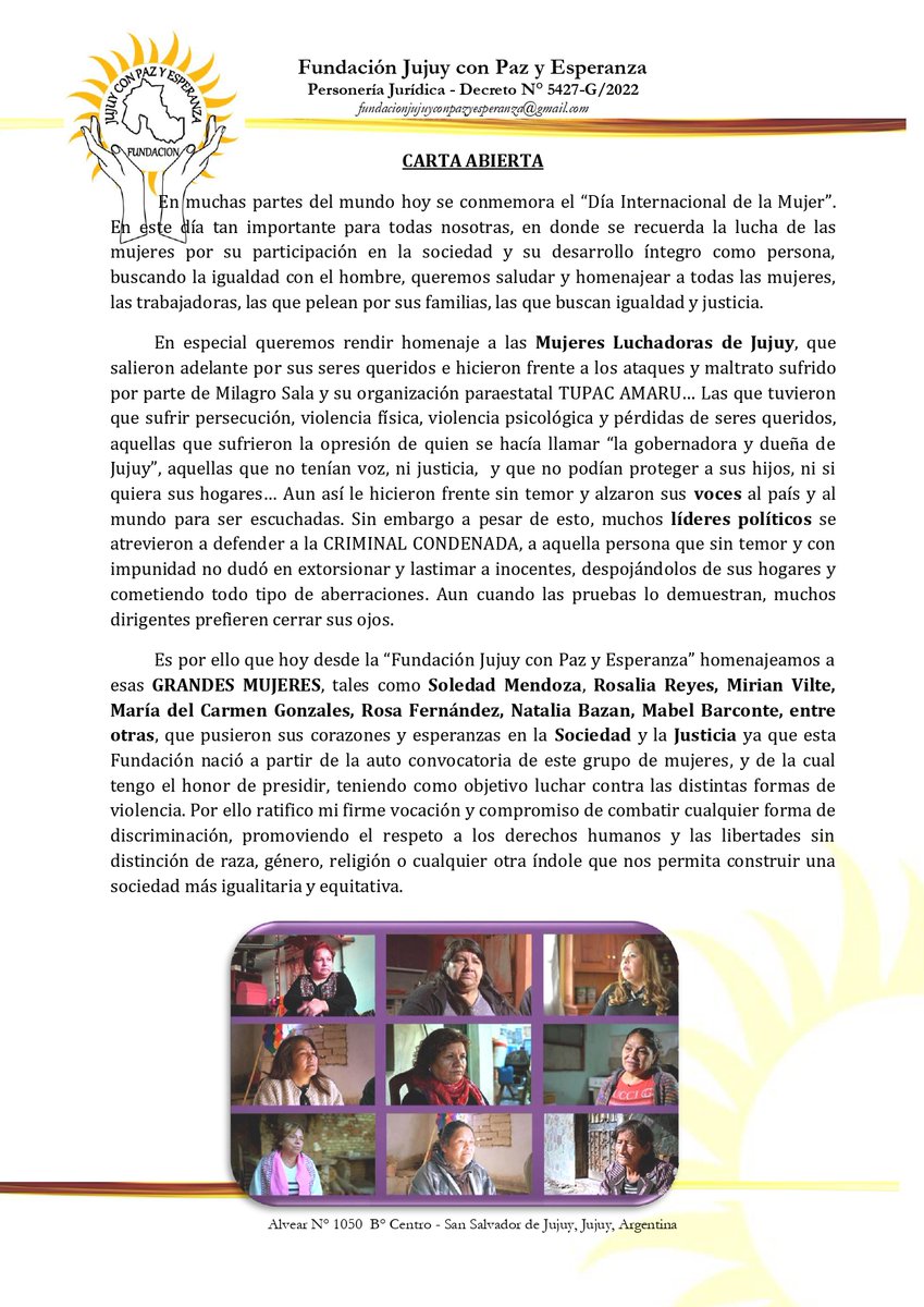 magioncalda's tweet photo. Por expreso pedido de las víctimas de #MilagroSala nucleadas en la #FundaciónJujuyConPazYEsperanza hago pública la siguiente carta en relación al #DíaDeLaMujer #8M #MilagroPresa https://t.co/WdyToFZE6p