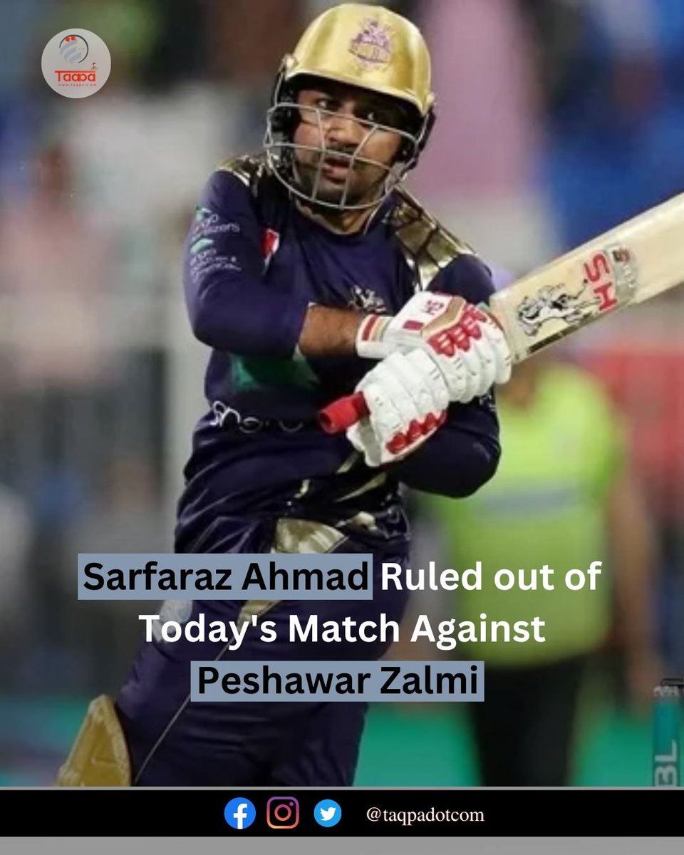 Taqpadotcom's tweet photo. Captain of Quetta Gladiators, will not play in today’s Pakistan Premier League (PSL) match against Peshawar Zalmi because of a finger injury.
#QuettaGladiators #PSL #PeshawarZalmi #PakistanPremierLeague https://t.co/vWDJb5IvIL