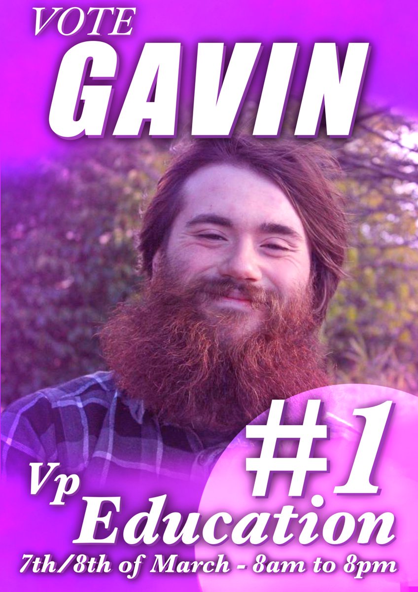 GavinLDFanning's tweet photo. There's still time to vote! Until 8 pm today you can vote online at https://t.co/LMD8PrUc7u or on campus at the MSU Foyer, MU Library Foyer, TSI Building, Arts Block, John Hume Building. 💜

I hope that after the seeing the whole campaign you'll vote Gavin #1 for VP Education. 💜 https://t.co/UfViklhztB