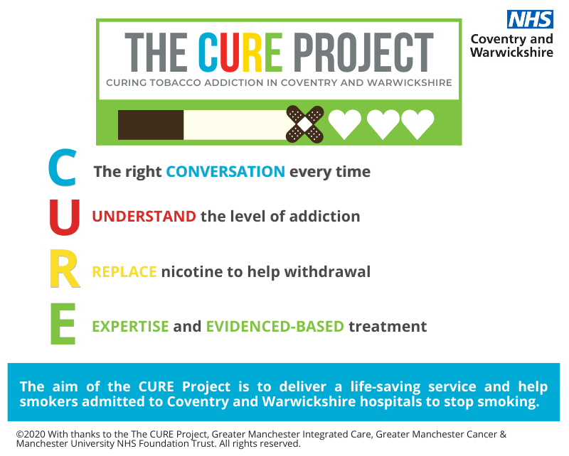 nhsswft's tweet photo. We've launched a tobacco support service to improve our local population’s health. CURE Project provides patients, who are admitted to hosp &amp; smoke, the necessary support to quit. The team are currently seeing AMU patients, with the service gradually being rolled out trust-wide. https://t.co/qR1JVM017V