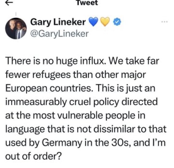 danielgoyal's tweet image. Don’t see the issue.

No mention of Nazi’s or Fascism.

And factually, the rhetoric of “invasion” and demonising asylum seekers is very much the language of the 1930s in Germany (and Italy).

They are upset because @GaryLineker reaches a wide demographic.

Trying to silence him!
