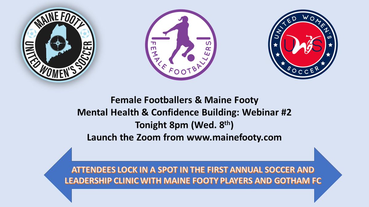 Another great event tonight for our Maine Footy supporters this evening!  Plus a very special opportunity to lock in for our players before we hit capacity. 
mainefooty.com will launch the Zoom link for the Female Footballers webinar. 8pm.
us06web.zoom.us/j/93776395738