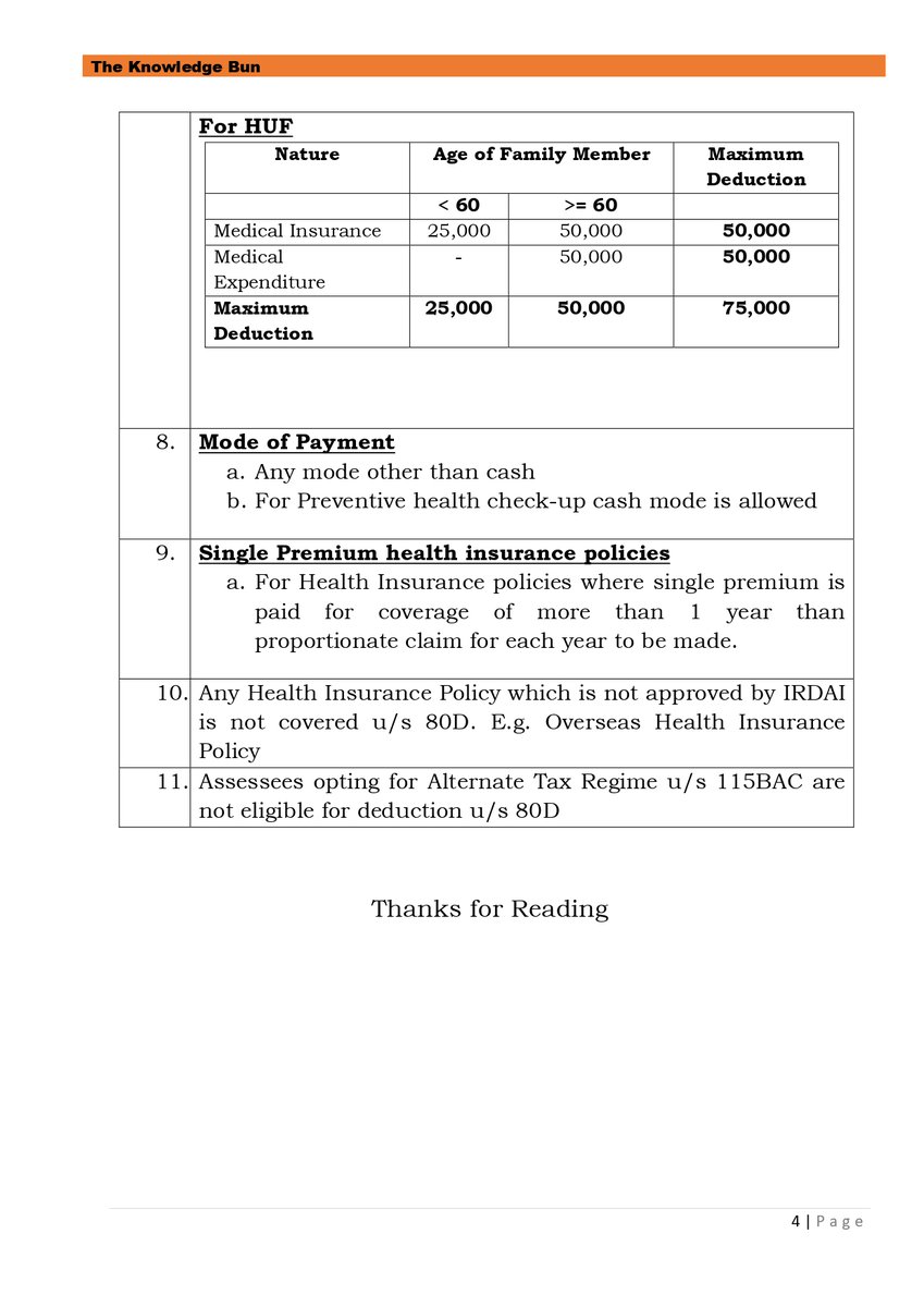 TheKnowledgeBun's tweet image. Deduction in respect of Health Insurance Premium under section 80D
#IncomeTax #MedicalInsurance #Section80D #Individual #SaveTax