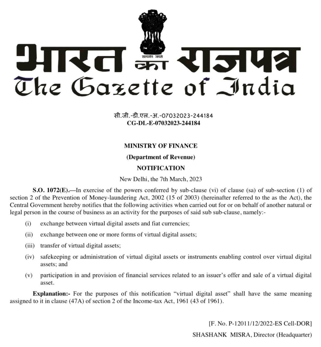CryptoPi0neers's tweet photo. Major breaking🚨: The Government of India 🇮🇳 has officially announced that all Crypto businesses (exchanges, custodians, wallet providers etc) would come under PMLA (Prevention of money laundering act 2022) 

This is a huge step for Crypto regulatory clarity in India🔥 https://t.co/W5IzgR9Zl3