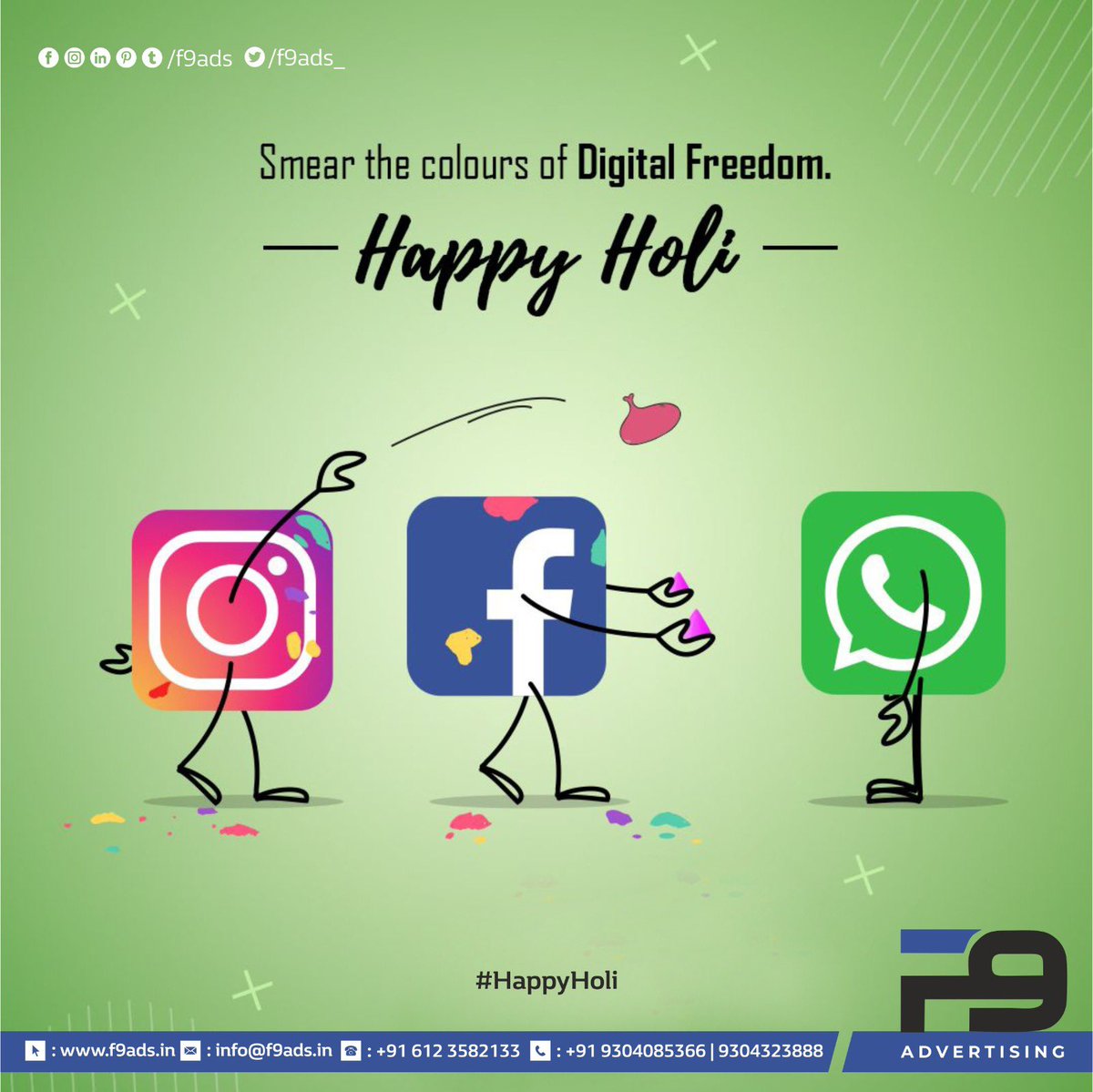 f9ads_'s tweet photo. Smears the colours of digital freedom. 
Happy Holi .
.
.
.
.
.
.
.
#holi #happyholi #colours #colors #colourfestival #happiness 

#printdesign #graphics #flex #digital #graphicdesign #DesignSolution #CreativeDesign #f9ads #f9advertising #patna #bihar #advertising #brand https://t.co/xFCDdgvUn2