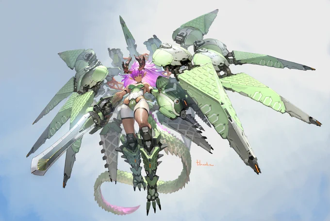 キャラの背面のメカとか大きくしない方がキャラに目が行くって思うんだけどつい…。でもこのイラスト描いたら新規クライアントがグッと増えたので描いてよかったです 