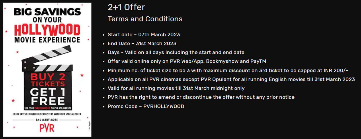 DealzTrendz on X PVR Cinemas Buy 2 Tickets Get 1 Free On Hollywood Movies Link https t sJvYz750QJ Apply Code PVRHOLLYWOOD Min Booking 3 Tickets Offer valid online only on