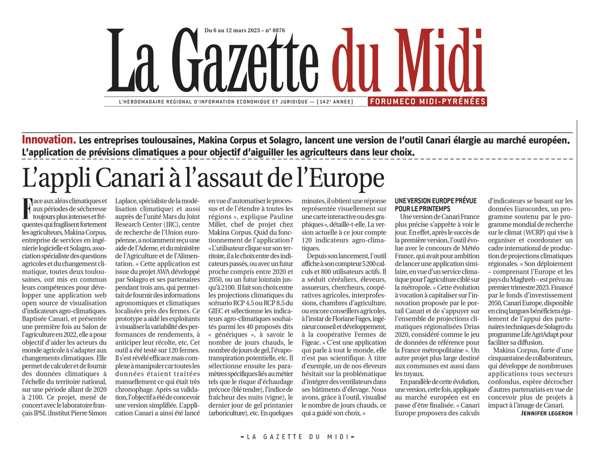 Découvrez l'article, L'appli Canari à l'assaut de l'#europe (p 3) dans La <a href="/GazetteduMidi/">La Gazette du Midi</a> : gazette-du-midi.fr/IMG/pdf/8876gm….  Une nouvelle version de l’application de prévisions climatiques pour l'#agriculture élargie au marché européen ! 
#ClimateAction #agriculteurs #opensource