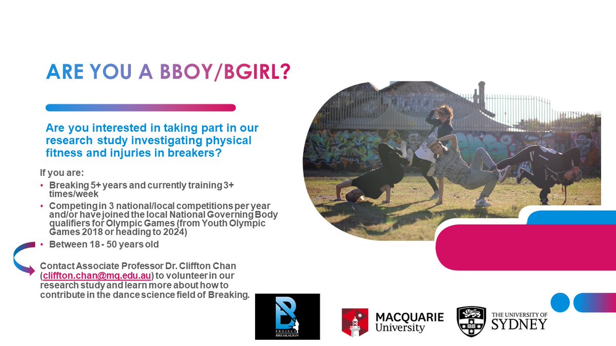 SYDNEY BBOYS/BGIRLS!! Reach out to us if you are 18+ and happy to help us make great research leading up to the Olympic Games. #OlympicGames #Breaking #SydneyBreaker #Australia #MacquarieUniversity #UniversityOfSydney