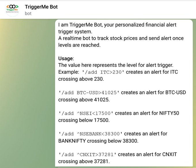 krishnakhanna's tweet image. Introducing #TriggerMe #Telegram #Bot for tracking the markets realtime.

#Equity/#Cryptocurrency/#Indices/#Crypto

Be with the price, Track it Live!

Access bot on Telegram: @TriggerMe_bot

Intro: youtu.be/nUkqtxHlJO4
Details: kkonline.org/TriggerMe/