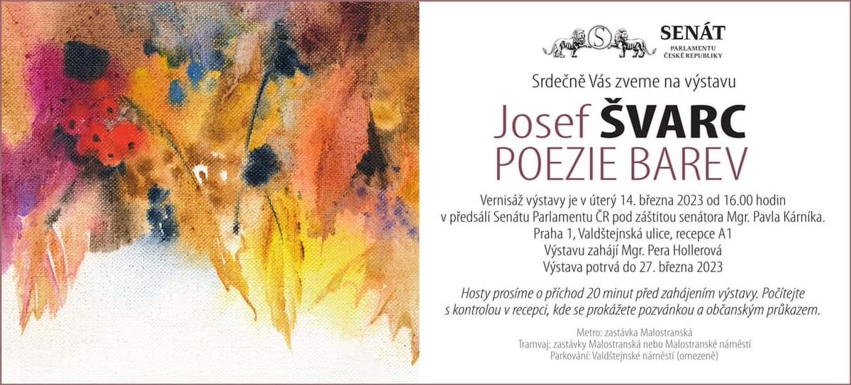 KarnikPavel's tweet photo. V úterý 14.3. v 16 hod. proběhne v Senátu vernisáž výstavy Poezie barev. Představí tvorbu našeho kolínského (polepského) výtvarníka Josefa Švarce. Rádi se s vámi ve  Valdštejnském paláci setkáme - srdečně zvu!👍 https://t.co/sLXRN0rCuc