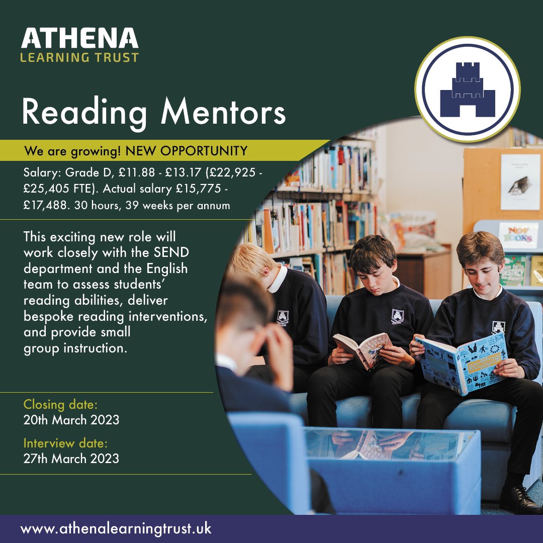 Based at #LauncestonCollege, we’re looking for a reading mentors to work closely with the English team. 
Closing date: 20th March 

#AthenaLearningTrust #CornwallSchools #SouthWestSchools #Education #WorkWithUs #EduJobs #SiteManagement #CornwallJobs