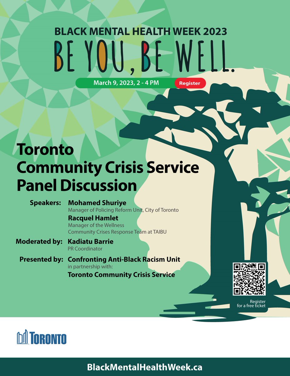 On March 9, 2023 (2PM - 4PM) tune in as members of the Toronto Community Crisis Service discusses how this initiative works to support Toronto's response to Black mental health crises. Register: toronto.webex.com/weblink/regist…
#BlackMentalHealthWeek #BlackHealthMatters #Toronto #CABRTO