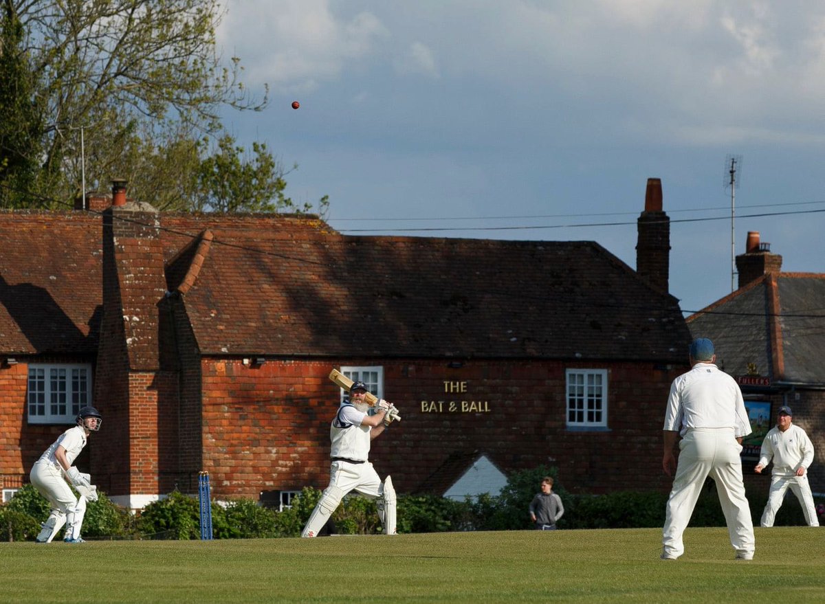 cradleofcricket's tweet photo. Hambledon Third XI play their home matches at Broadhalfpenny. Kevin Wingham hits out against Portsmouth Third XI with the Bat and Ball behind. https://t.co/Gw0k61xBY8