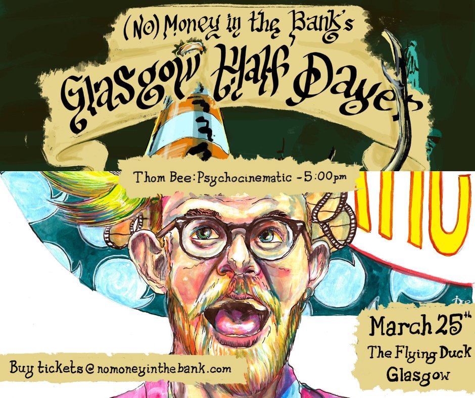 Soon we'll be up in the true north for <a href="/GlasgowComedy/">Glasgow Comedy Festival</a> in the <a href="/flyduckglasgow/">The Flying Duck</a> back room for half a day. We're terrified, but we've got some of favourites to make it easier. Nowt but solo shows, Valhalla, a clown, and a <a href="/CostumeFrog/">Frog Costume the band</a> set.
Fiver a show, all at nomoneyinthebank.com