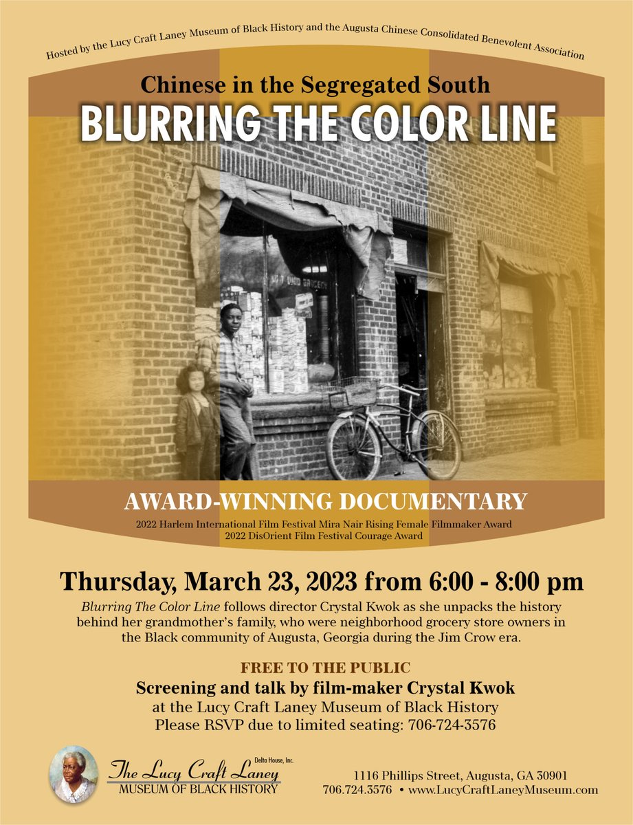 LCLMuseum's tweet photo. Award-winning "Blurring the Color Line" Film Screening at the Laney Muse...
#lucycraftlaneymuseumofblackhistory #lucycraftlaneymuseum #blackhistory #augustablackhistory #loveaugusta #filmscreening #augustachineseconsolidatedbenevolentassociation #crystalkwok #blurringthecolorline https://t.co/lxWbtOuGOa
