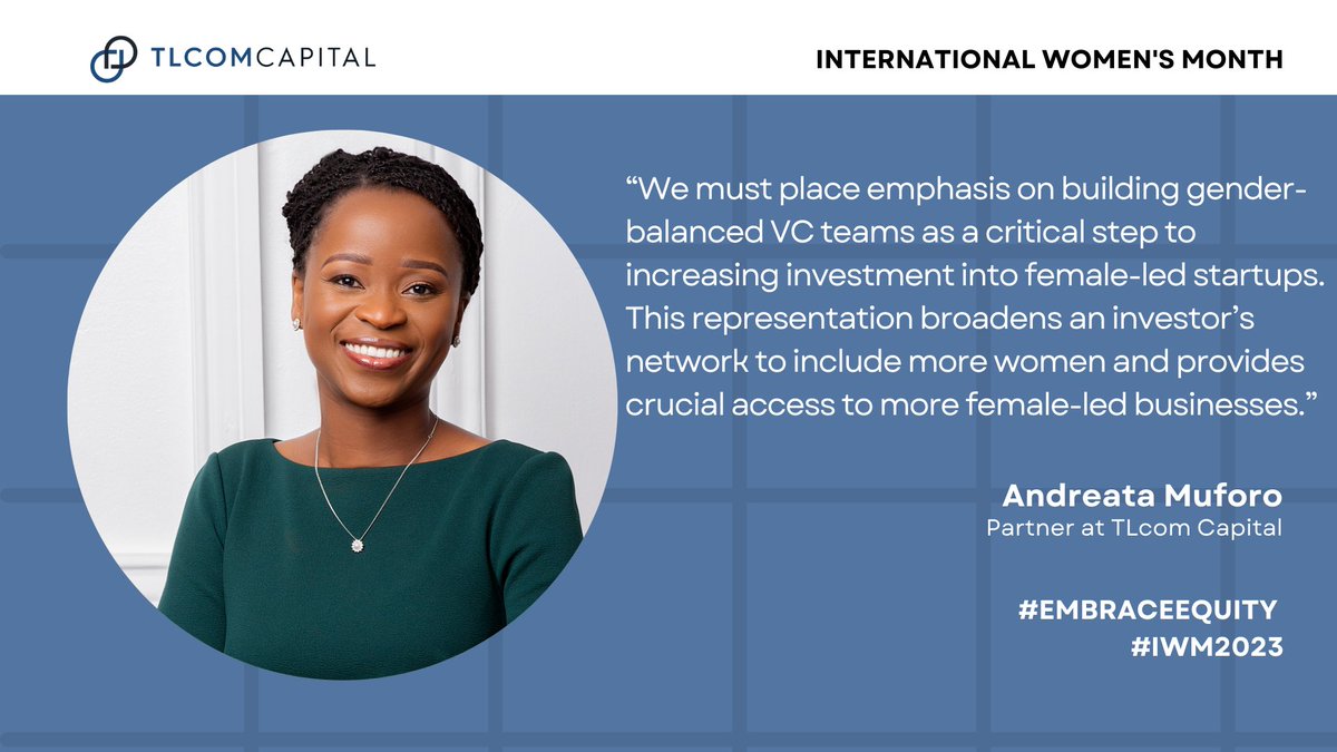 TLCOMCapital's tweet photo. Launching this month's series is @AMuforo - a Partner at TLcom for 9+ years and board member for a number of our portfolio companies such as @TwigaFoods, @AutochekAfrica &amp; @okra_HQ.

Here's what she had to say on the importance of driving gender diversity at an investor level. https://t.co/lybY677lfa