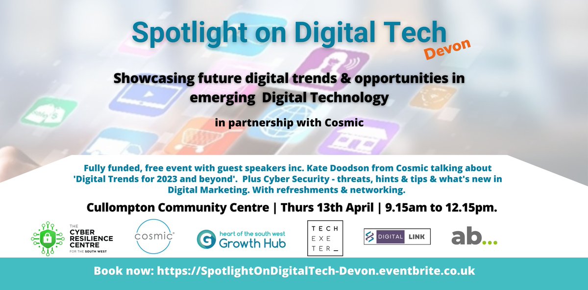 Spotlight on Digital Tech | Free Event for Devon and Somerset Businesses | Thurs 13th April, 9.15am – 12.15pm | Cullompton Community Centre

Talks from experts inc. Kate Doodson, Joint CEO of #Cosmic. Book your place now! soc.devon.cc/hM80H 

 #DigitalTech #DigitalLink