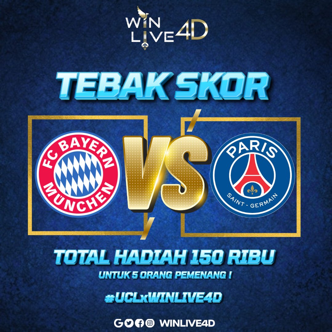 asalmenangaja's tweet photo. 🚨TEBAK SKOR UCL🚨
 
@FCBayern 
  vs 
@PSG_inside 

Syarat:
- Tebak Skor dengan hastag( BAYERN 2-1 PSG #UCLxWINLIVE4D )
- Follow 
@bangslots
 ,Retwets & Like post ini
- 1 AKUN 1 TEBAKAN
- HADIAH EWALLET
- NAMA TEAM BEBAS
- PEMENANG DIUNDI

#BayernMunich  #PSG #UCL #MatchDay #ChampionsLeague