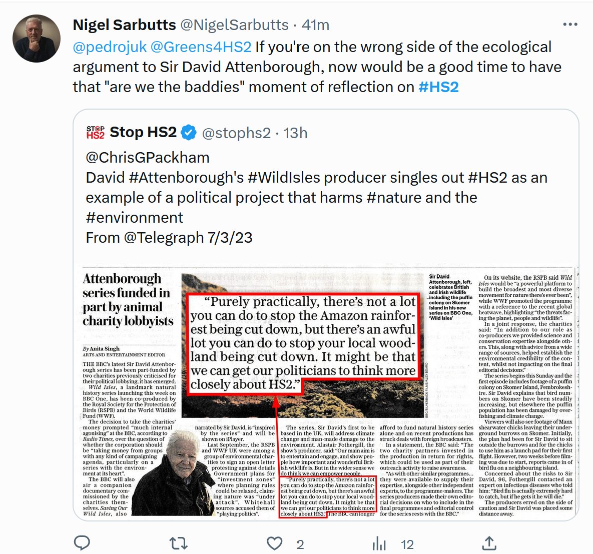 PaulMBigland's tweet image. The #5thRatePR just can't stop lying. How many times is that this month now? This is NOT a quote from Attenborough, it's made perfectly clear in the article but Sourbutts just can't help himself.. #hs2 #stophs2isdead