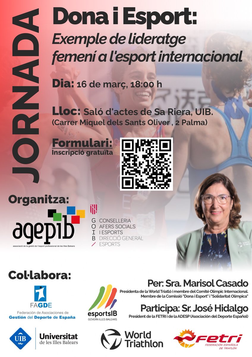 Jornada: "Dona i Esport: exemple femení de lideratge a l'Esport internacional" organitzat per l'<a href="/agep_ib/">AGEP_IB</a> i la Direcció General d'Esports <a href="/GOIB_Social/">Conselleria de Famílies, Benestar i Dependència</a> , amb la col·laboració de la <a href="/UIBuniversitat/">Universitat de les Illes Balears - UIB</a> 

Inscipció gratuïta
16 de març, a les 18,00h

<a href="/cgonyalons/">Carles Gonyalons</a> <a href="/TRIATLONSP/">FETRI</a>
