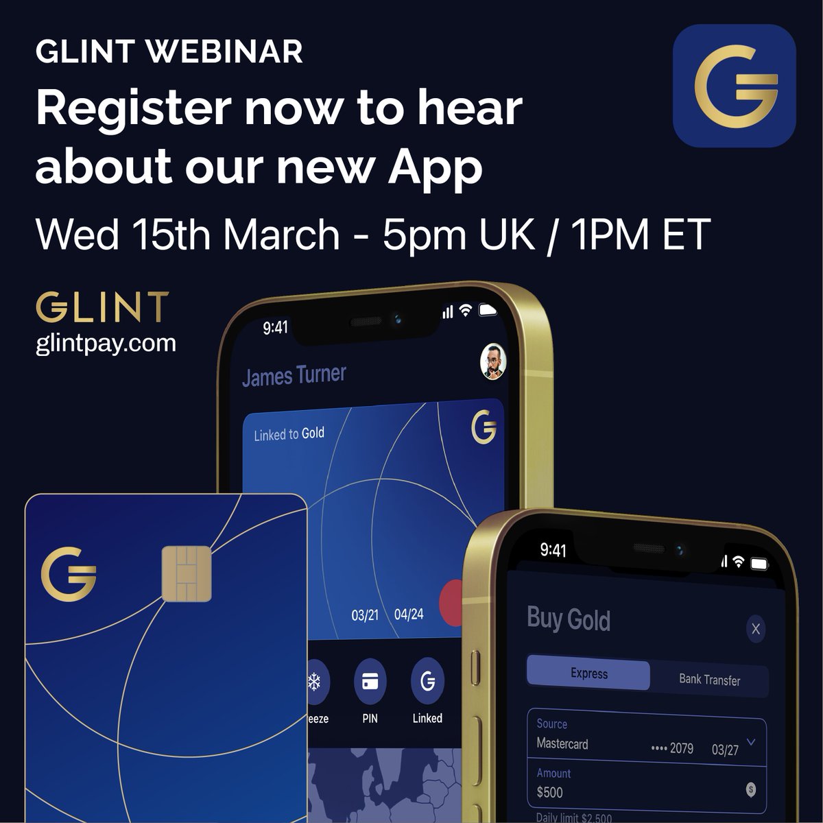Glintpay's tweet photo. #GLINTWEBINAR
Follow this link to register now >>>
https://t.co/KqptonQ69q

Wednesday 15th March at 5pm UK / 1pm ET @jasoncozens & Yaks Assangha will be explaining the fabulous new #GlintApp & #GlintMastercard
 
#GlintAlpha @Glintpay #Gold #GoldIsSecurityGlintItsKey #GoldMoney #GoldStandard #SpendGold #AllocatedGold