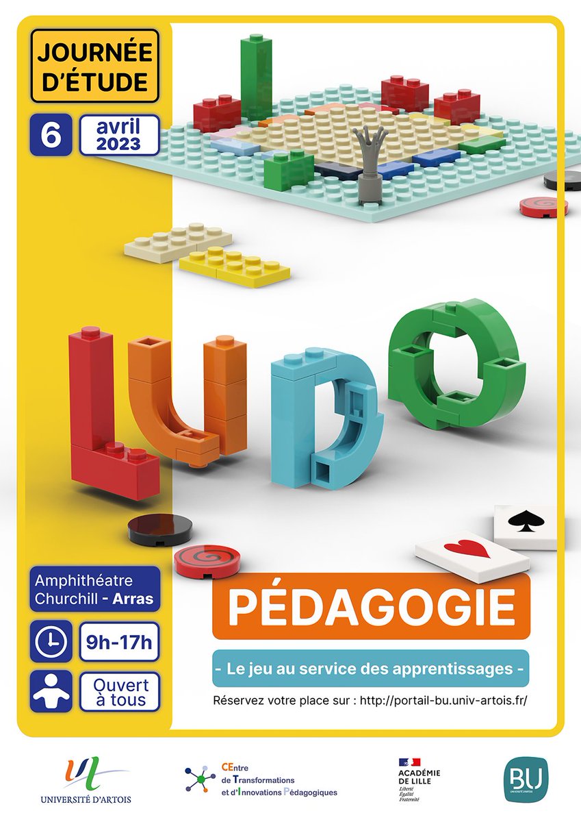 <a href="/BUArtois/">BU Artois</a> , le CETIP de @Univ_Artois et le Rectorat de Lille vous convient à  la journée d'étude "Ludopédagogie : le jeu au service des apprentissages" 
👉 Programme : portail-bu.univ-artois.fr/.../la-ludoped…...
📅 6 avril 2023
👉 Inscription obligatoire : evenements.univ-artois.fr/e/670/journee-…