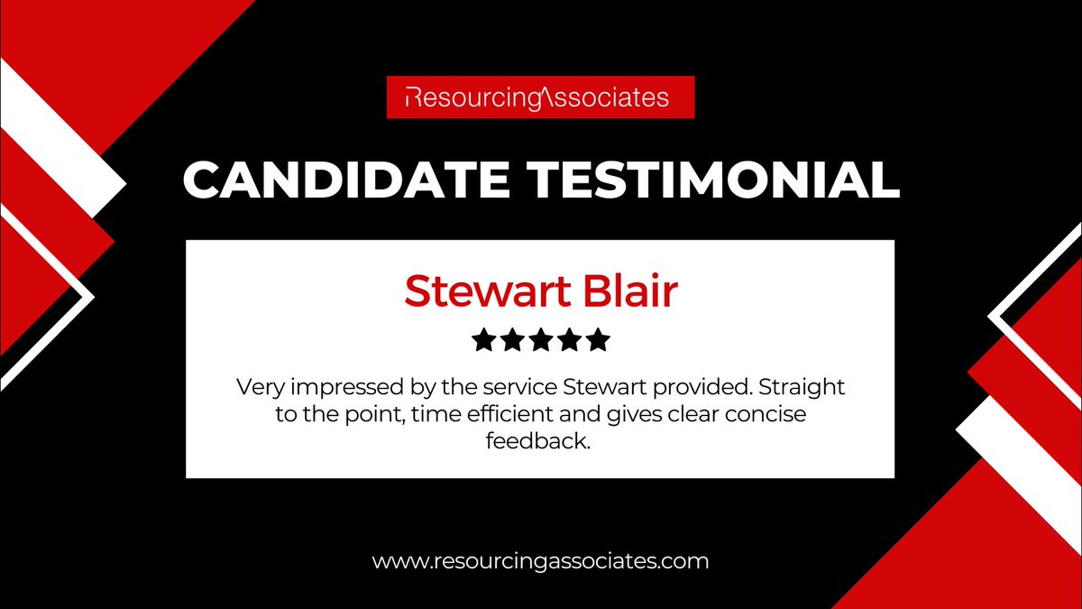 ResourcesAssoc's tweet image. We&apos;re delighted to receive such positive feedback for our Managing Director, Stewart Blair. 
Contact us today at:
UK: 0203 983 9300
US: +1 (646) 993 7350

#Testimonial #PositiveFeedback #Recruitment #RecruitmentTestimonial #SuccessStory #ProactiveRecruiting #SeamlessProcess