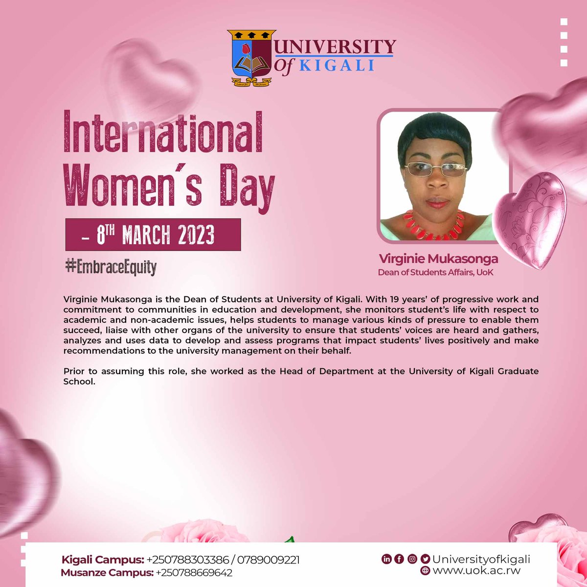 UnivOfKigali's tweet photo. Happy International Women's Day to all #women!!!
Many #congratulations to the #women decision-makers at  @UnivOfKigali. We celebrate your #leadership! 
#IWD2023 
#embraceequity https://t.co/YvV6o505xd