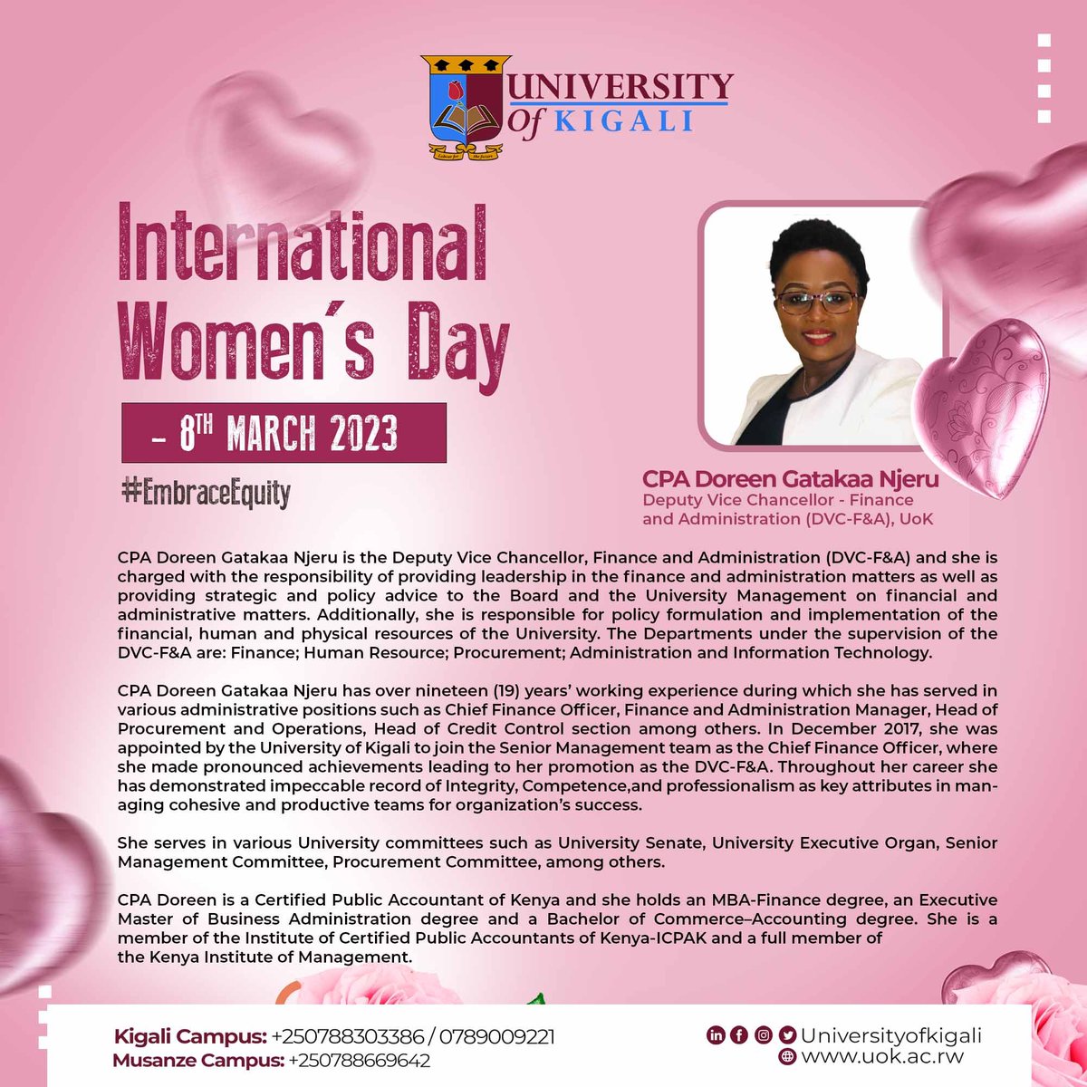 UnivOfKigali's tweet photo. Happy International Women's Day to all #women!!!
Many #congratulations to the #women decision-makers at  @UnivOfKigali. We celebrate your #leadership! 
#IWD2023 
#embraceequity https://t.co/YvV6o505xd