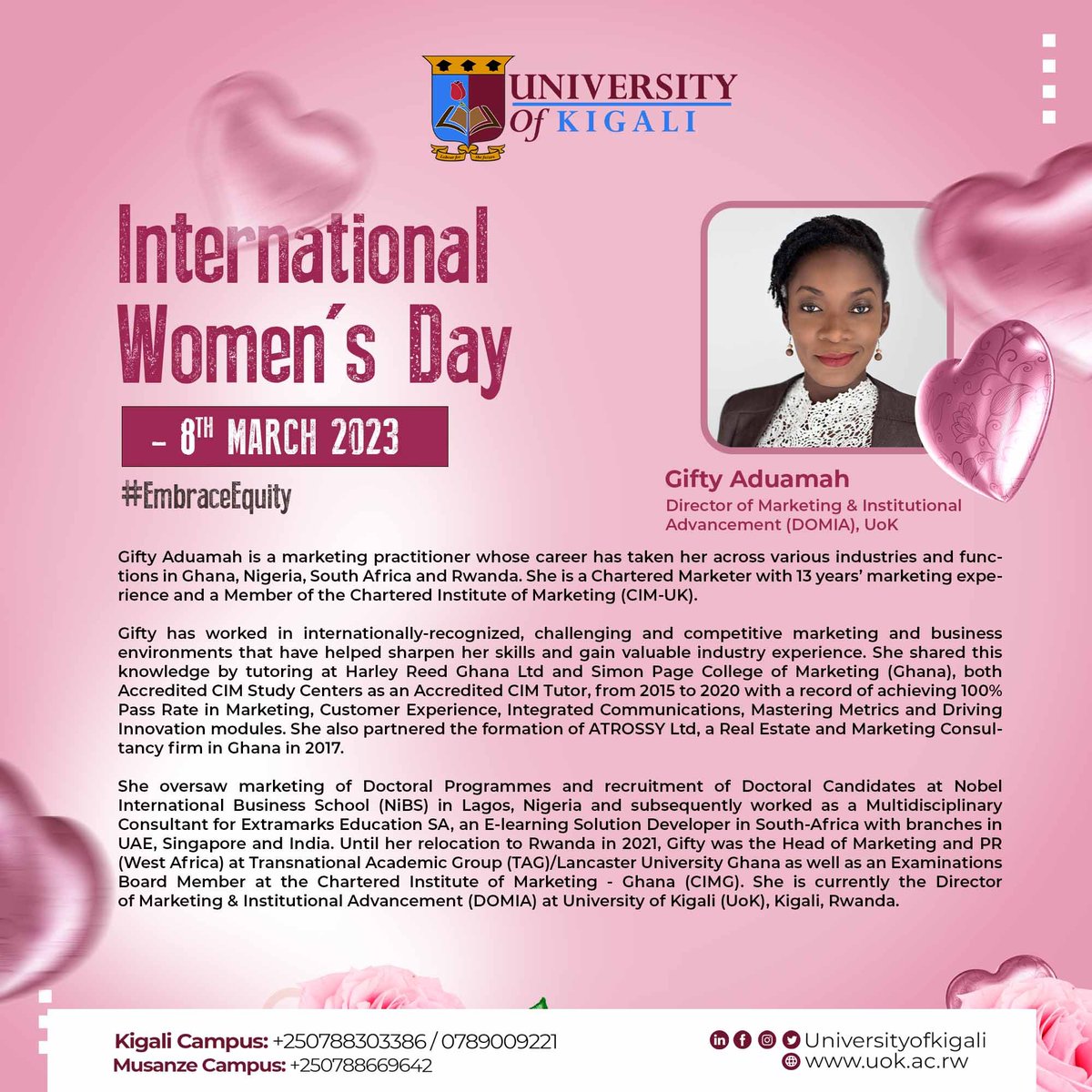UnivOfKigali's tweet photo. Happy International Women's Day to all #women!!!
Many #congratulations to the #women decision-makers at  @UnivOfKigali. We celebrate your #leadership! 
#IWD2023 
#embraceequity https://t.co/YvV6o505xd