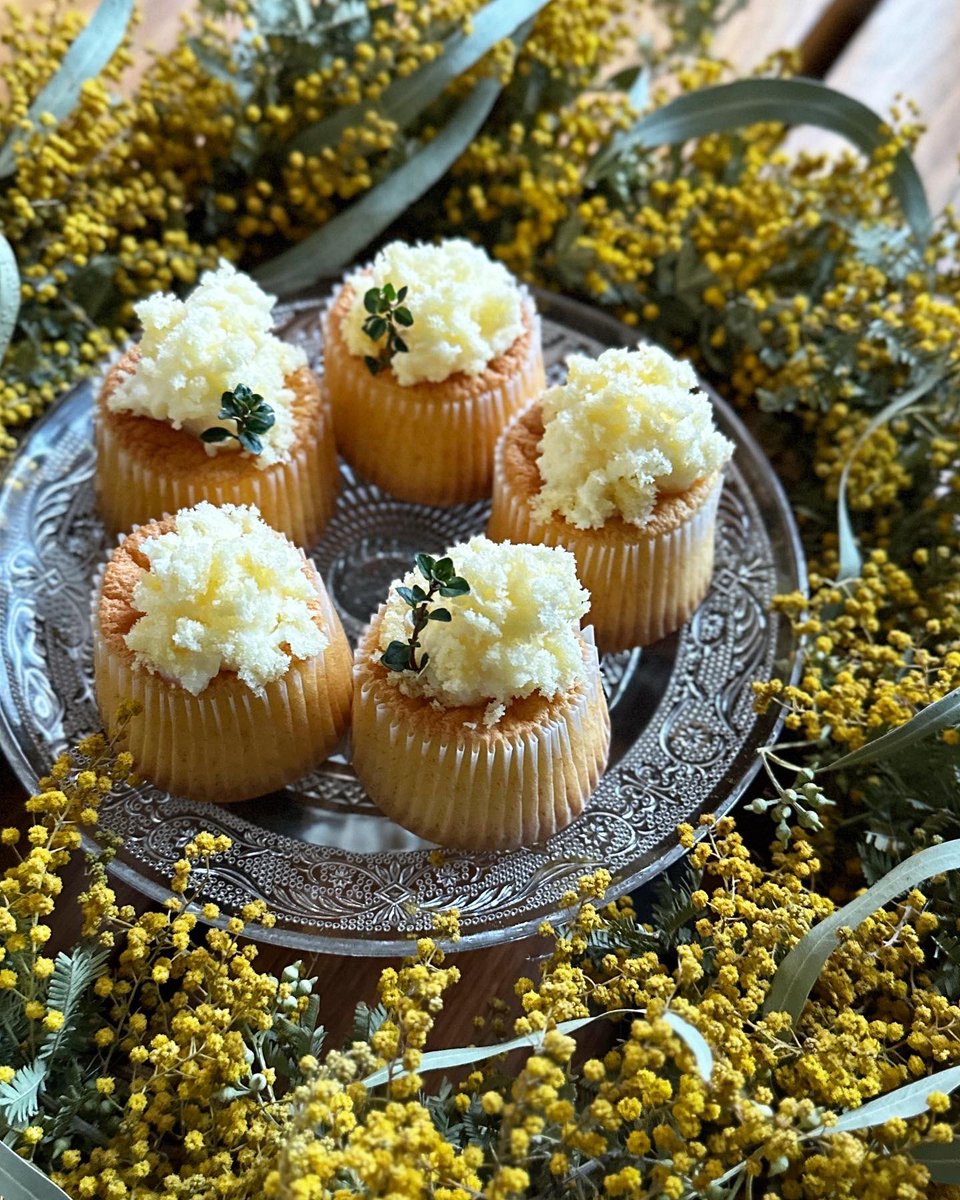 「ミモザの日」ふわふわしゅわしゅわなカップケーキで小さなミモザのケーキを焼きました。ケーキが柔らかなのでフロスティングもふわっと消える軽めの仕上げ。ミモザに見立てたクラムを飾って。