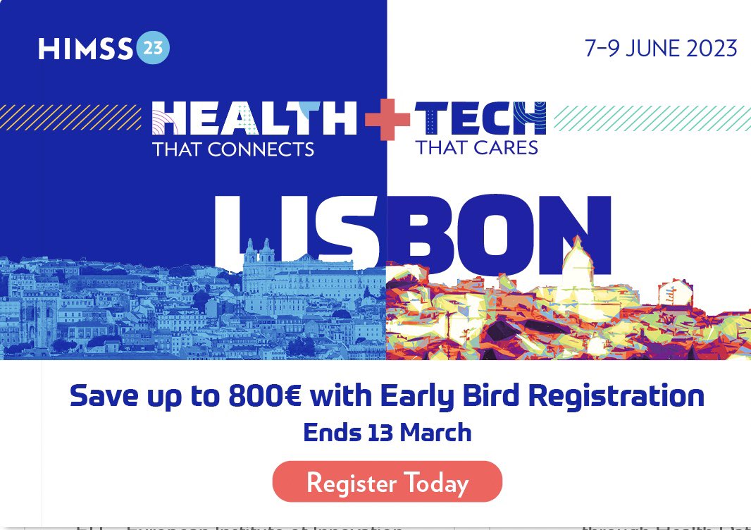Join European changemakers @HIMSS The European healthcare community is gathering at the HIMSS23 European Health Conference & Exhibition in Lisbon, Portugal from 7 to 9 June 2023. REGISTER NOW and save 👉 himss.org/event-himss-eu… #digitalhealth #healthcare #HIMSS23 #Lisbon ❤️