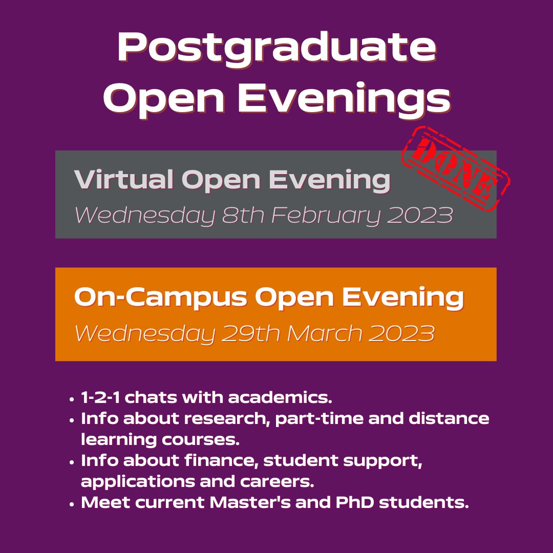 Did you miss our virtual postgraduate open evening? No worries, join us in-person in March to find out more information about life as a postgraduate student at UoP!

Find out more information here: uni.port.ac.uk/3WCprId

#UoP #PortsmouthUni #Masters #Postgraduate #OpenEvening
