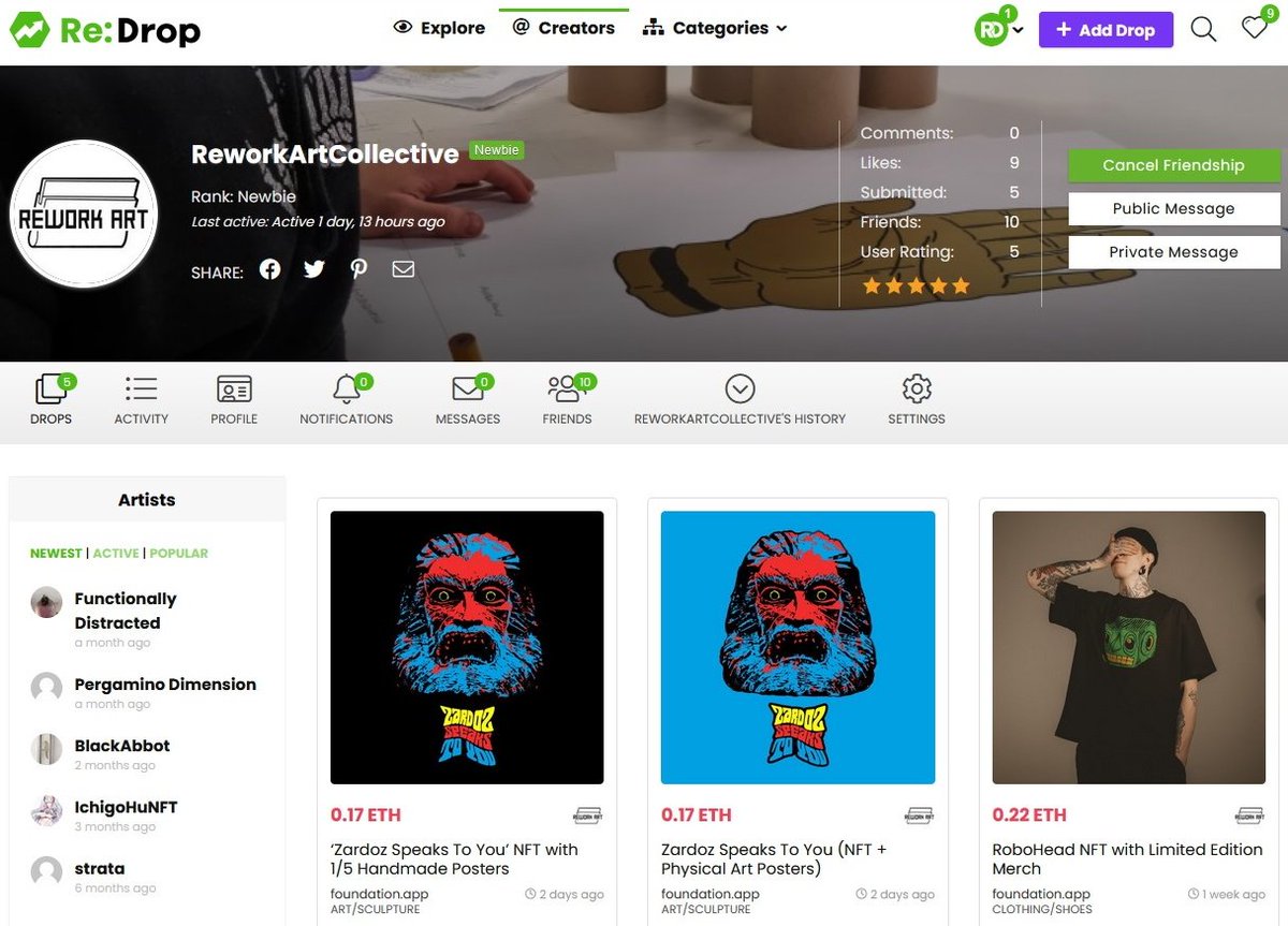 Creator's page on the ReDrop, using <a href="/ReworkArt/">Rework Art Collective</a> redrop.io/artist/reworka… as an example. It can be used as a online #NFTgallery that are hosted on different marketplaces. You can also send private messages with other #NFTartists and more 🔎