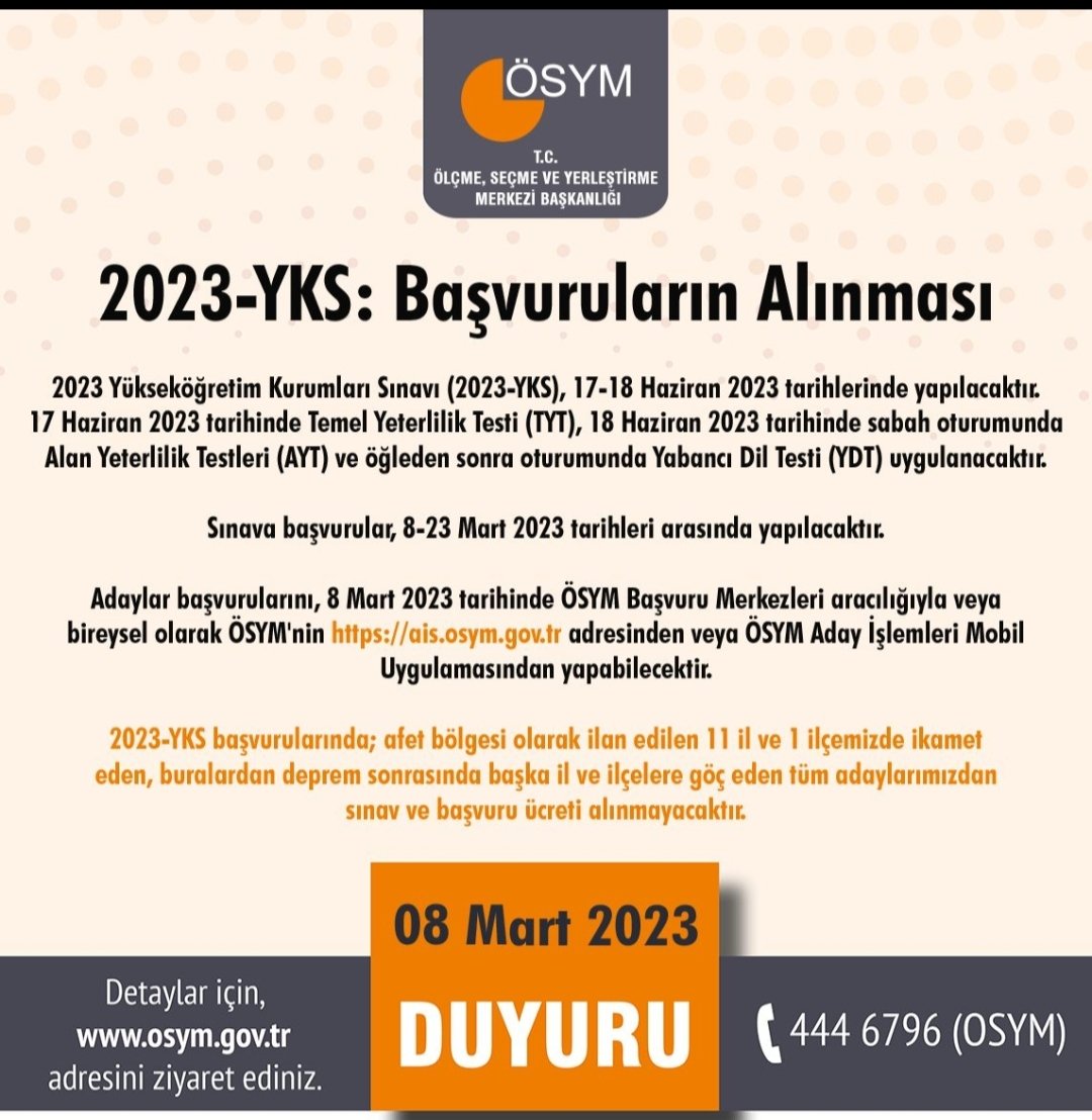 ecetozenis's tweet photo. 2023-YKS 17-18 Haziran, başvurular 08-23 Mart.. https://t.co/1QANUwfDZ3
