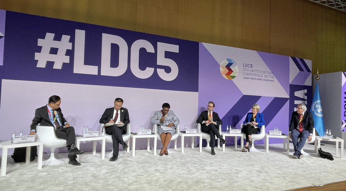 Now at #LDC5 <a href="/wto/">WTO</a>⁩ ⁦<a href="/UNCTAD/">UN Trade and Development</a>⁩ event on #LDCs trade priorities for the next decade, discussing: 

✅ Diversifying exports 
✅ Value addition 
✅ Building productive capacity  
✅ Digital trade 
✅ Green trade 
✅ Aid4trade 
✅ Trade facilitation 
✅ Resilience building