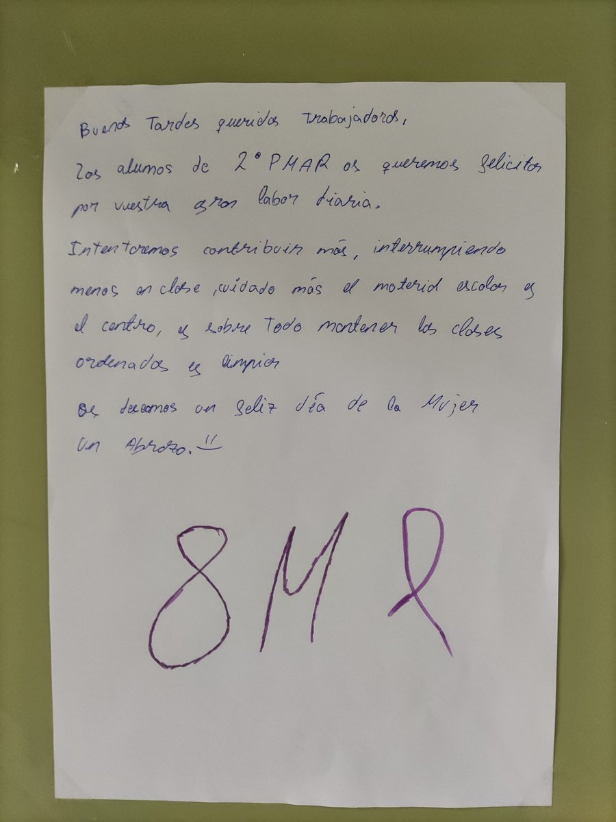 IESAljanadic's tweet photo. Buenas tardes queridas trabajadoras,
Los alumn@s de 2º PMAR os queremos felicitar por vuestra gran labor diaria.
Intentaremos contribuir interrumpiendo menos en clase, cuidando más el material escolar y el centro, y sobre todo mantener las clases ordenadas y limpias.
Feliz día! https://t.co/111TWJKu7h