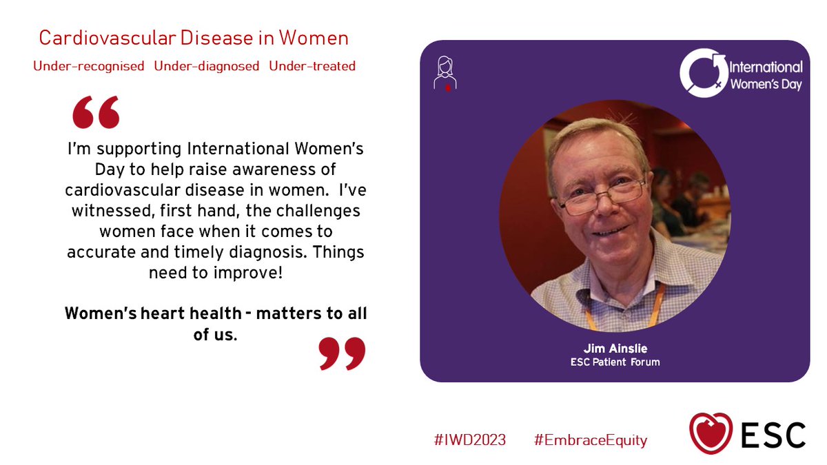#Cardiovascular risk in women is still underestimated. Women tend to wait up to 12 hours before seeking #medical attention for chest pain. The risk of dying after a #HeartAttack is 20% higher in women than in men.

#IWD23  #ESCPatientForum #EmbraceEquity