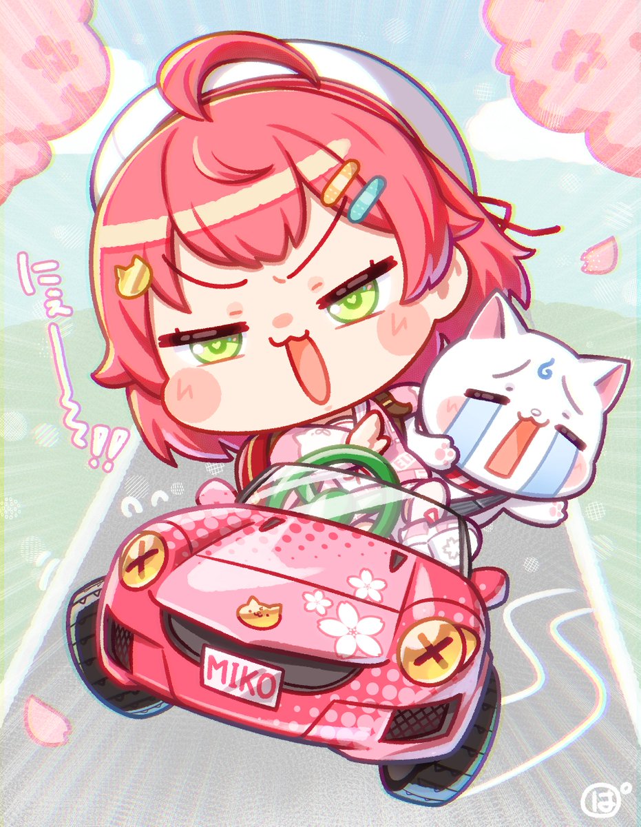 sakura miko 1girl ground vehicle car motor vehicle green eyes ahoge pink hair  illustration images