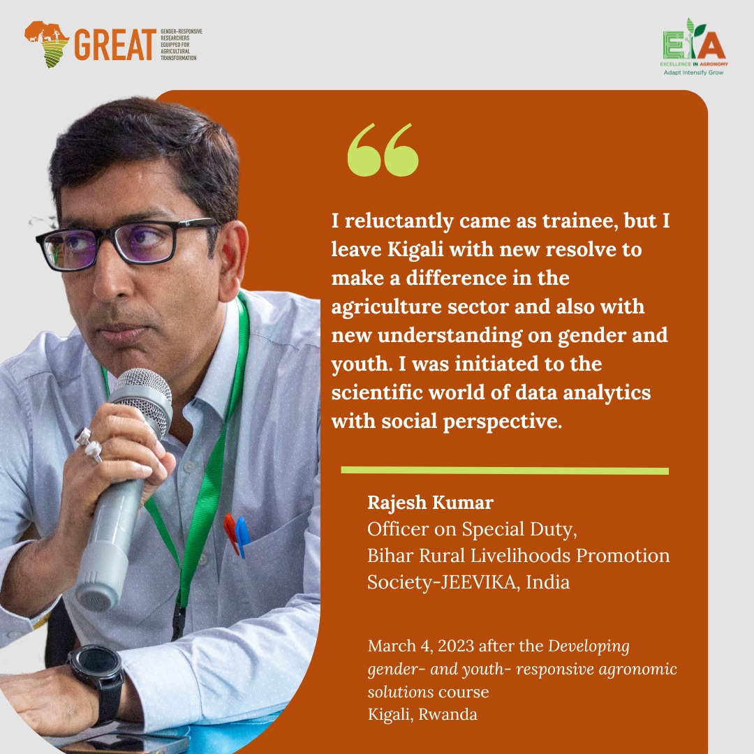 GREATAgResearch's tweet photo. To participant Rajesh Kumar, the #GenderInAgronomy training provided a new perspective on why #gender and #youth considerations matter for agronomy solutions adoption and scaling.
#YouthInAgronomy
#Agronomy4adpatation
#GREATGenderAg https://t.co/eawZIDOLMP