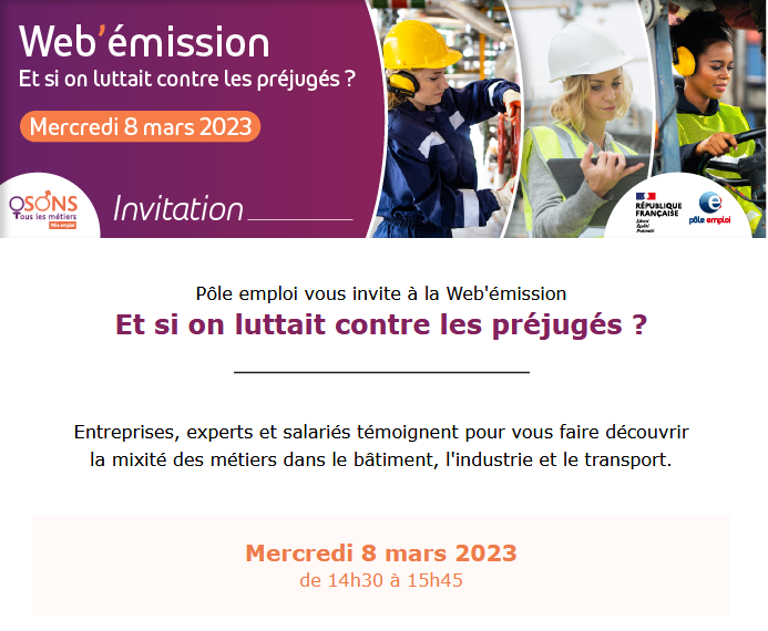 Et si on luttait contre les préjugés ? Entreprises, experts et salariés témoignent pour faire découvrir la mixité des métiers dans le #BTP, l'#industrie et le #transport. A suivre en direct de 14h30 à 15h45👉 teams.microsoft.com/dl/launcher/la… #8mars #TousMobilisés #AvecPôleEmploi