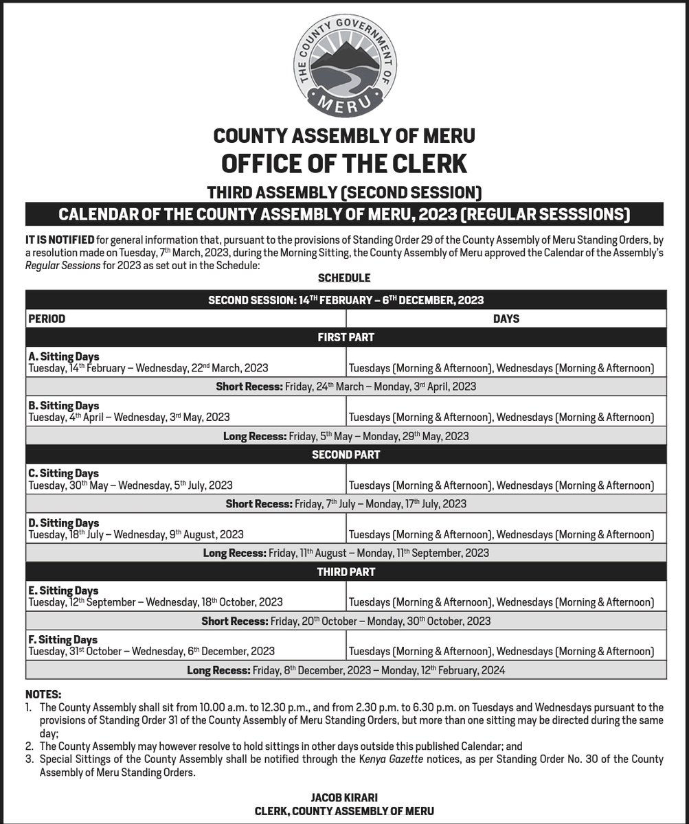 Third Assembly (Second Session) County Assembly of Meru Regular Sittings Calendar as approved by the honorable house.