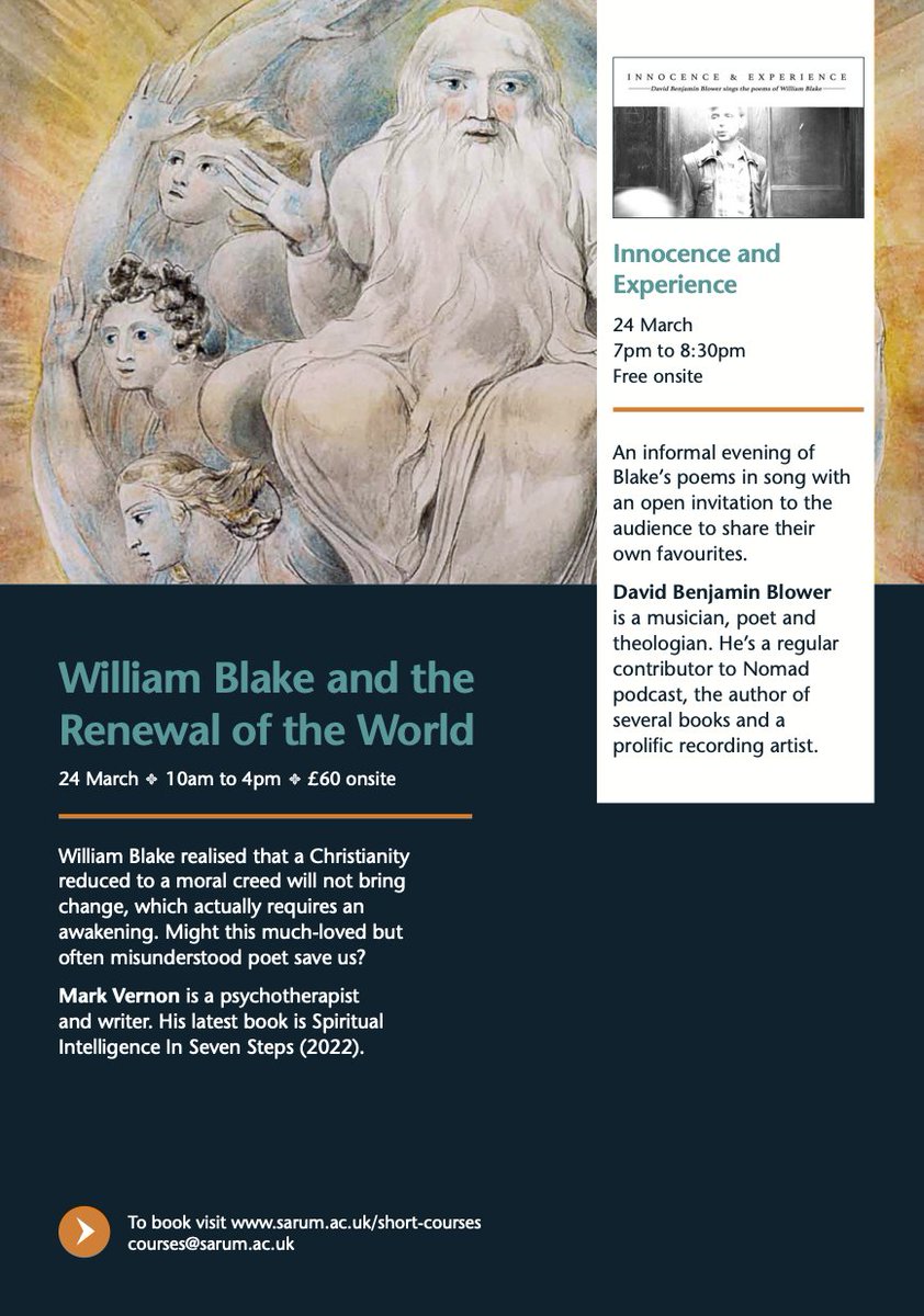 DavidBenjaminBlower (@benjaminblower) on Twitter photo I'll be performing my #WilliamBlake cycle from Innocence & Experience <a href="/SarumCollege/">Sarum College</a> in Salisbury 24th of march.
There's a course on Blake taught by <a href="/platospodcasts/">Mark Vernon</a> Mark Vernon during the day. Gig in the evg is free.
sarum.ac.uk/short-courses/… I'll be performing my #WilliamBlake cycle from Innocence & Experience <a href="/SarumCollege/">Sarum College</a> in Salisbury 24th of march.
There's a course on Blake taught by <a href="/platospodcasts/">Mark Vernon</a> Mark Vernon during the day. Gig in the evg is free.
sarum.ac.uk/short-courses/…