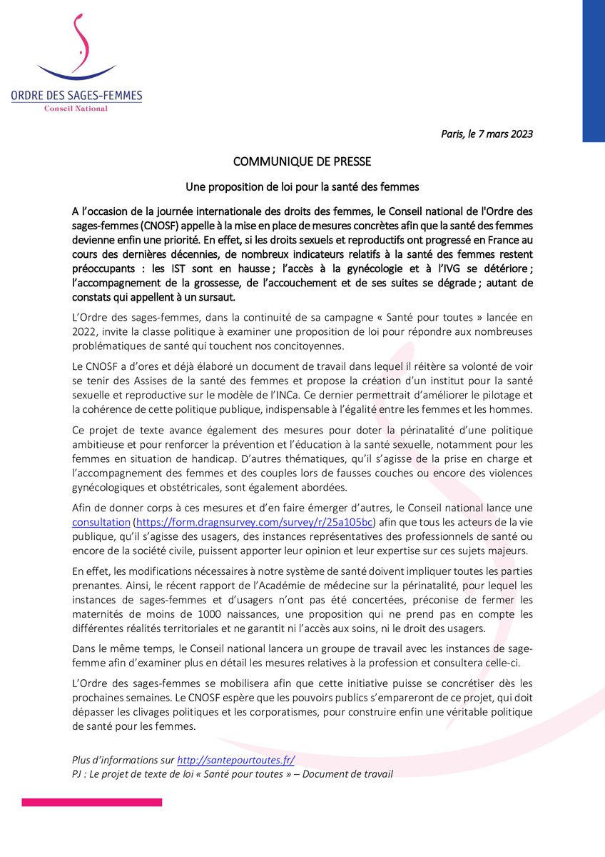CNOSF's tweet photo. #8mars | Le @CNOSF propose de décliner des mesures concrètes pour la santé des femmes à travers un texte de loi et lance une consultation auprès de tous les acteurs concernés. Objectif : construire enfin une véritable politique de santé pour les femmes. 
#Santepourtoutes https://t.co/kGyrCrP63B