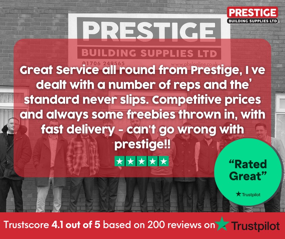 Ending our work week with positive reviews!😁 Leave us a review if you have ordered from us recently, we would love to hear your thoughts! : uk.trustpilot.com/review/pbslonl… 🖱Click pbslonline.co.uk ☎Call 01706 249565 #tradesman #tradesmen #prestigebuildingsupplies