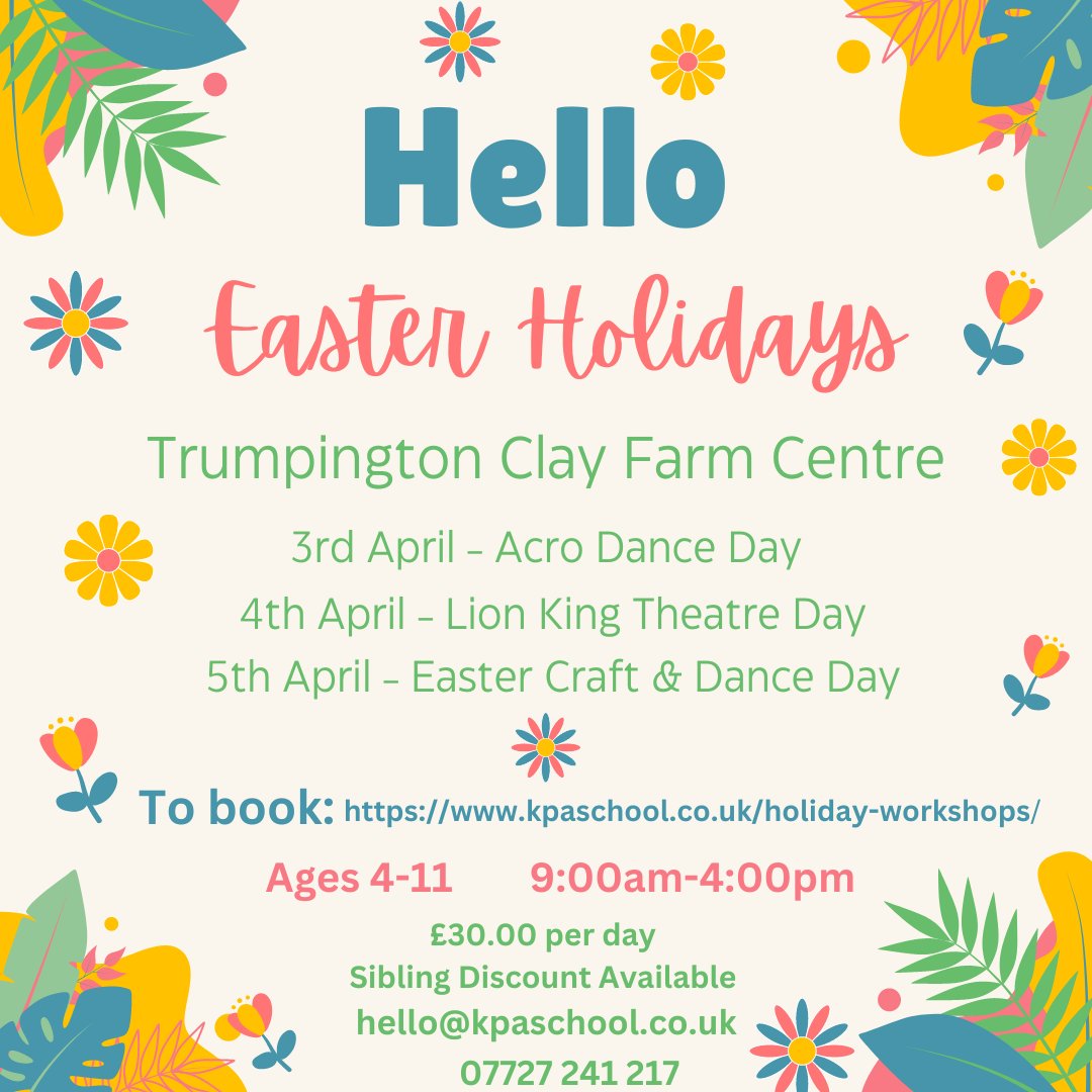 KPA Dance who host regular classes here at the Centre have some extra dates for your diary!🩰🕺

To book a holiday session this April go to:

kpaschool.co.uk/holiday-worksh…

Or contact: 07727 241217

#dance #clayfarm #kpadance #ballet #exercise #childrensdance