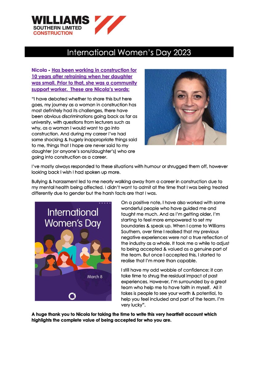 WSLConstruction's tweet photo. INTERNATIONAL WOMEN'S DAY 2023
We are proud to be supporting International Women’s Day and share with you a few heartfelt &amp; inspiring messages from colleagues &amp; their relatives #internationalwomensday2023 #inspirational https://t.co/d8QJWZJDNt